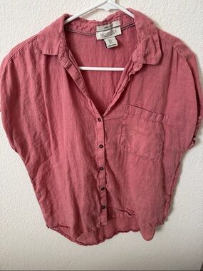 Rachel Zoe Rose-Pink Short Sleeve Button Down linen Shirt